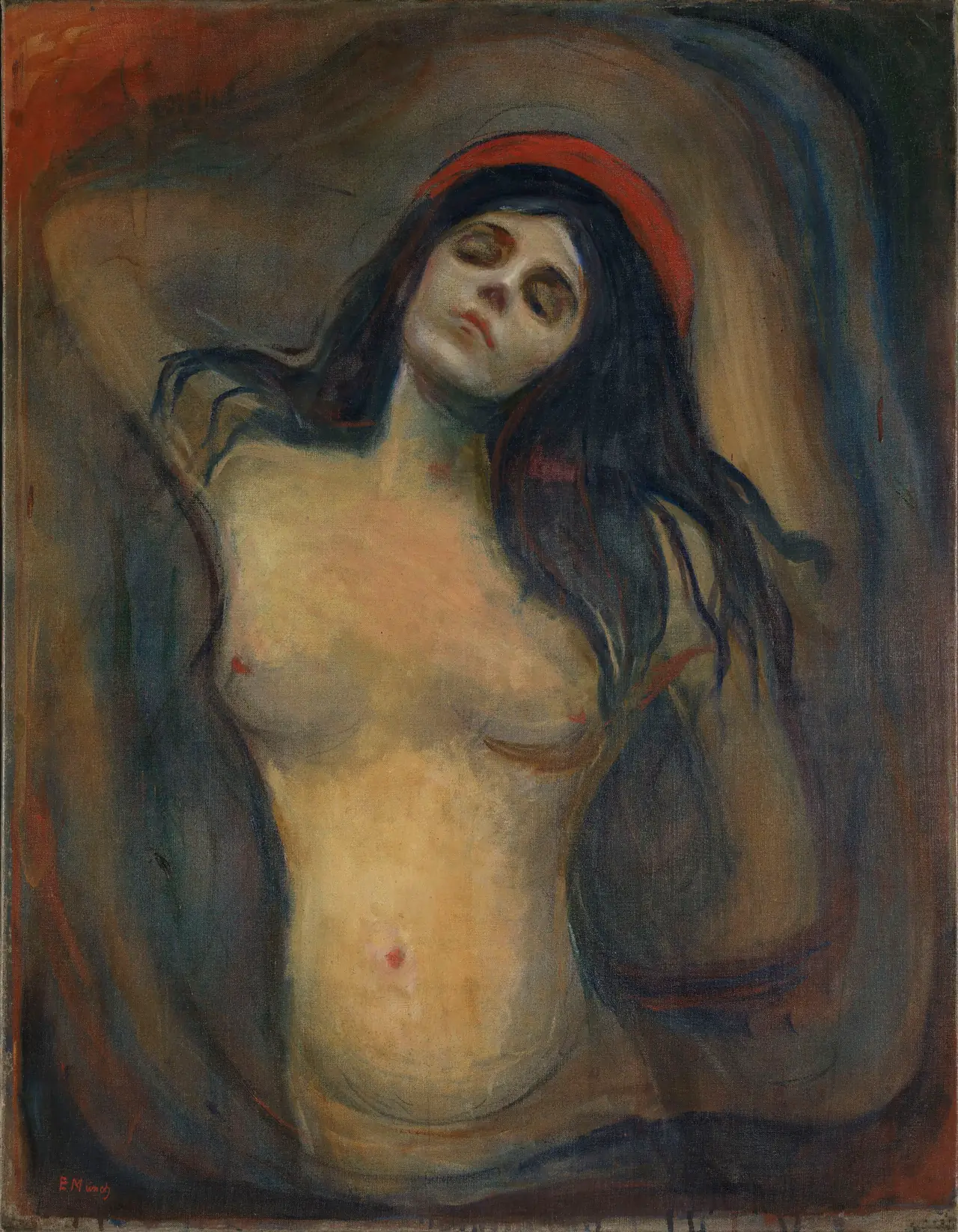 The complete Madonna canvas, with a red band above the woman’s head and dark curves surrounding her body