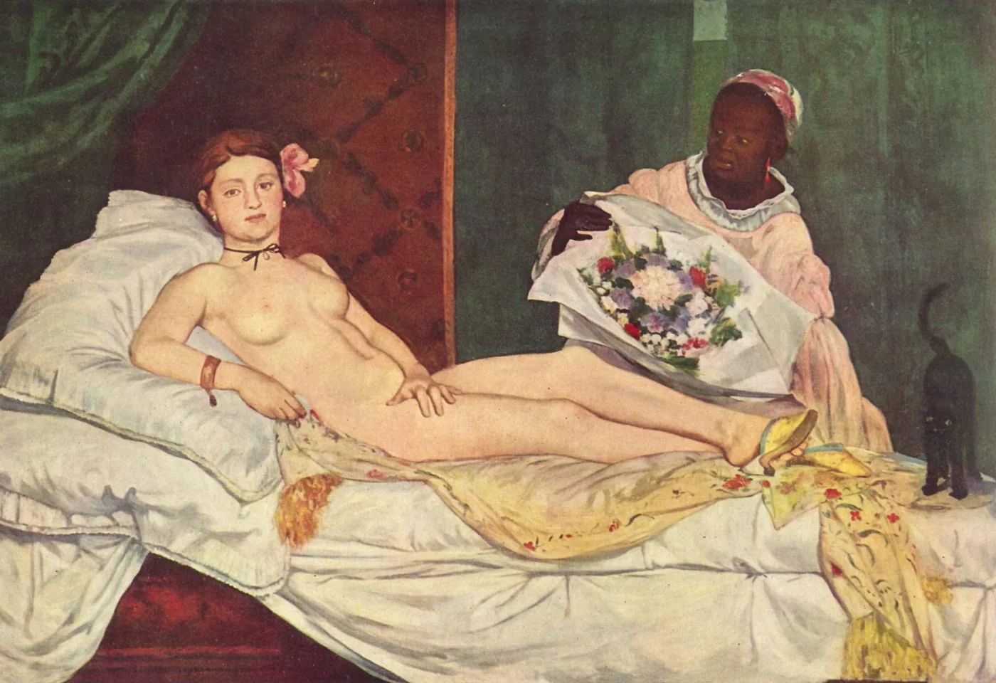 The colour painting with the reclining woman at left, flower-bearing attendant at right and black cat near the bed’s edge