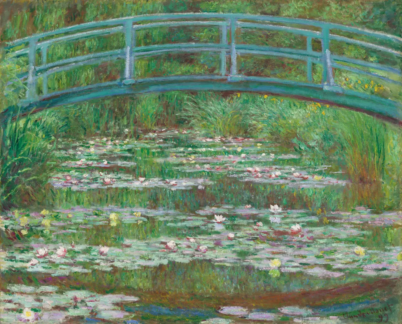 A blue-green bridge curves across a lily pond, surrounded by dense foliage and reflected green brushstrokes.