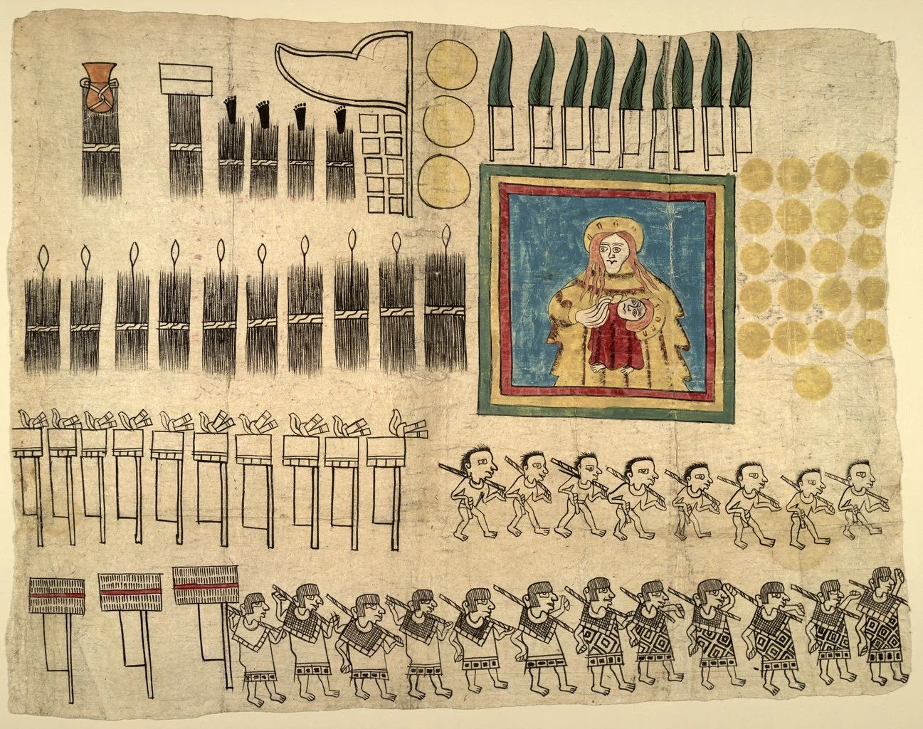 Bir yazma panosu sayılmış tekstilleri, bohçaları, yiyeceği, bayrakları, insanları ve çerçeveli Meryem ile Çocuk İsa imgesini amate kâğıdı üzerinde düzenler.