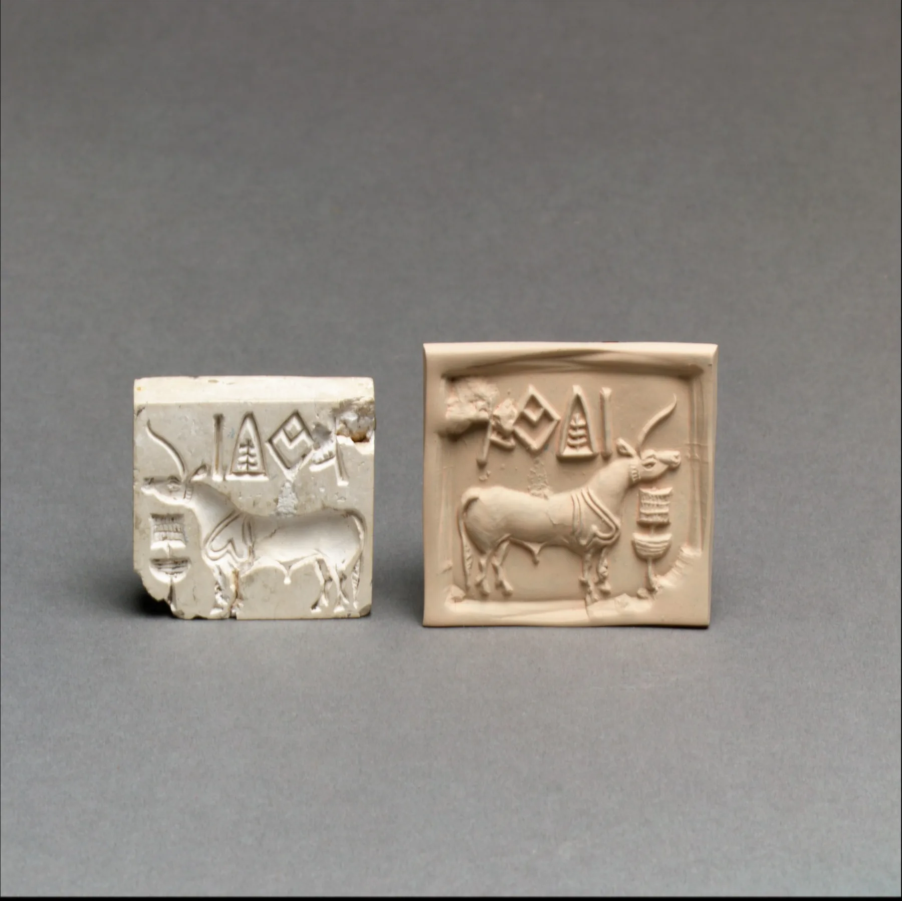 Küçük kare Harappa mührü ile açık renk modern kil baskısında sehpanın karşısındaki tek boynuzlu hayvan ve üzerindeki işaretler.
