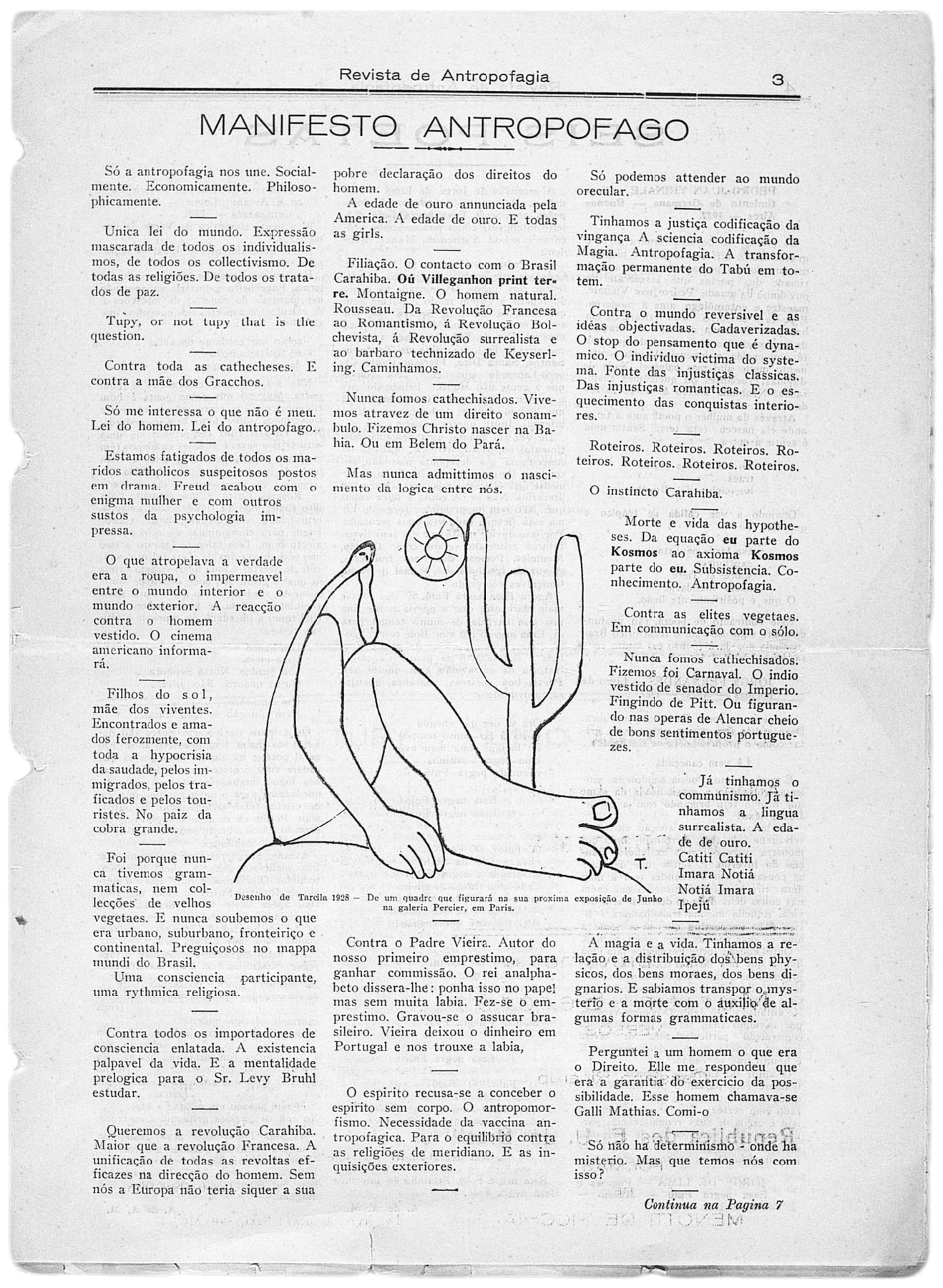 Manifesto Antropófago başlıklı taranmış 1928 dergi sayfası, yoğun Portekizce metni dar sütunlarda küçük bir çizgi desenin ve vurgulu ifadelerin çevresine yerleştiriyor.