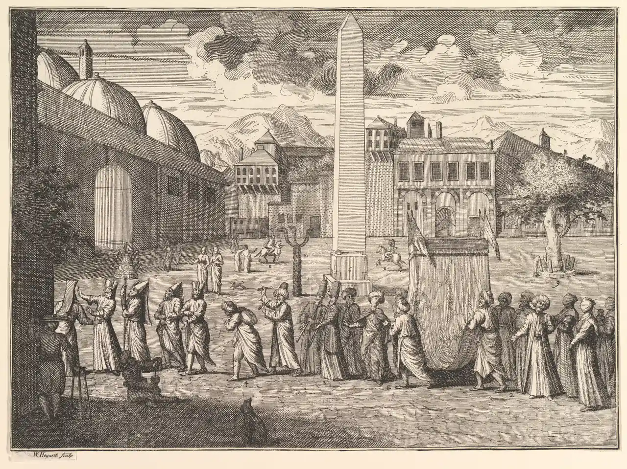 A crowded procession crosses a square with an obelisk, a twisting column and large buildings, all rendered in closely worked black lines.
