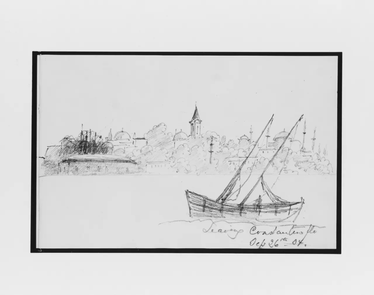 A lightly drawn skyline sits behind a small sailing boat, with a handwritten Leaving Constantinople inscription beneath it.