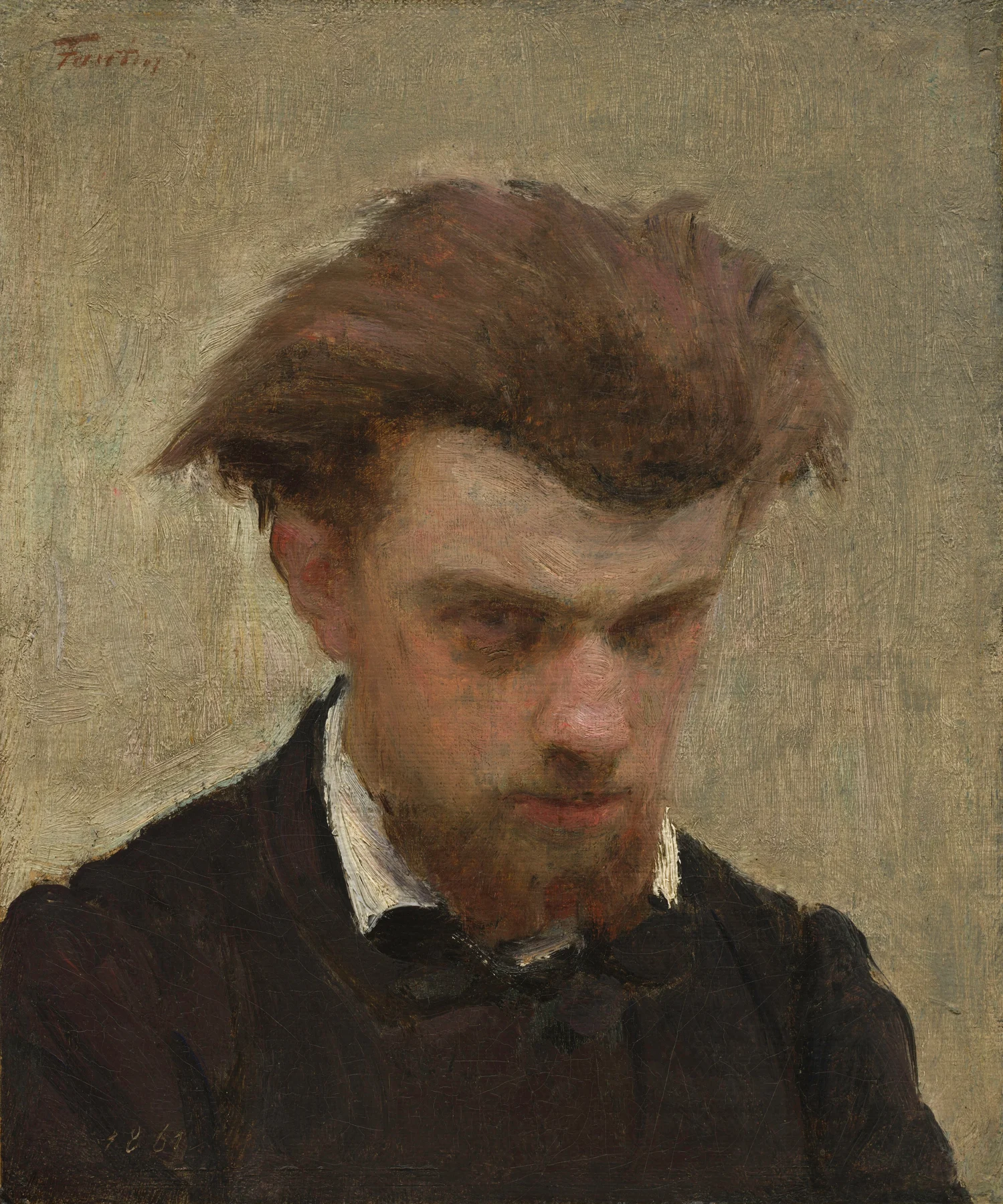 Henri Fantin-Latour küçük otoportresinde aşağı bakıyor; koyu ceketi ve kahverengi saçları dokulu gri-yeşil zemin önünde, alnı ile yüzünden sıcak ışık geçiyor.