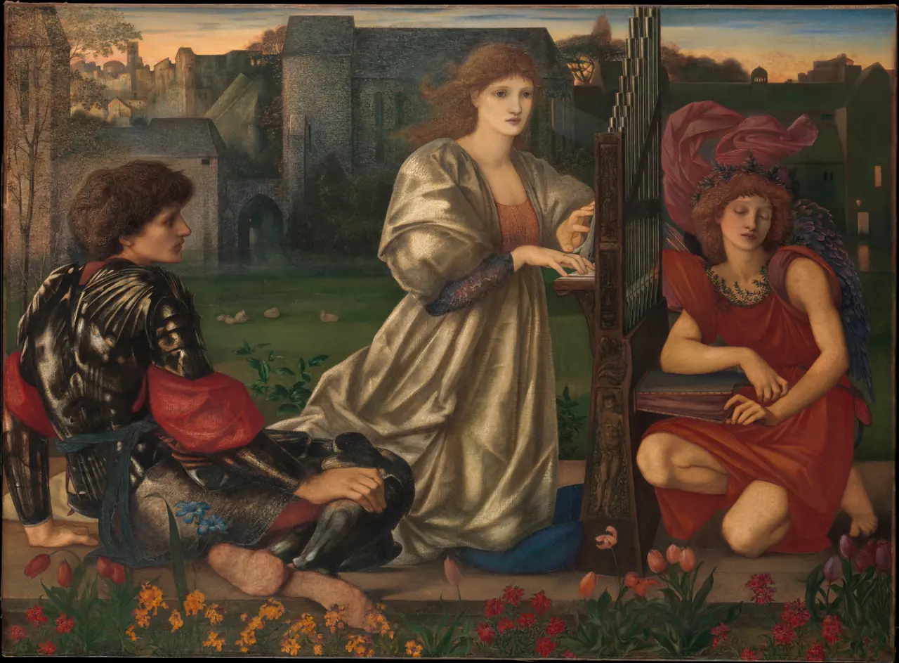 A seated armoured man listens as a woman plays an organ and a winged figure operates its bellows