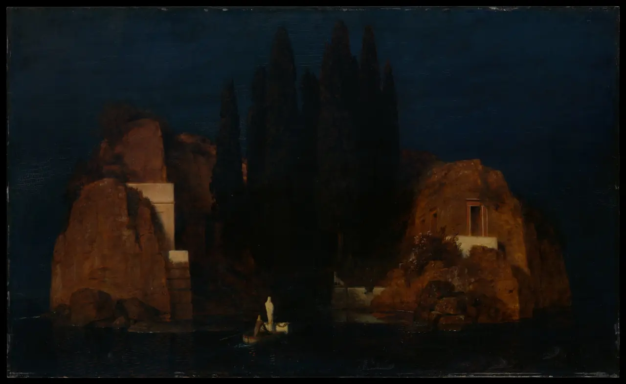 A small boat with a white standing figure approaches a dark island of cypresses and rock-cut tombs