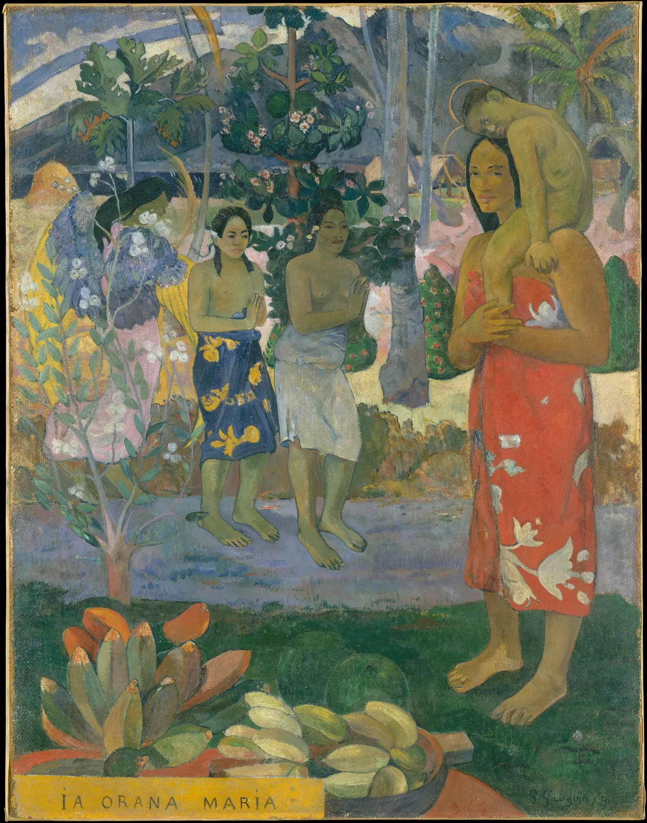 A haloed woman carries a child on her shoulder as two women and a yellow-winged angel approach among flowering plants