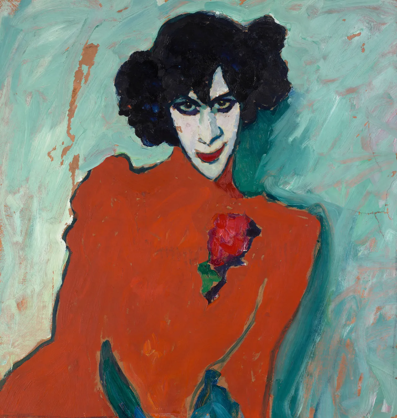 Alexander Sacharoff has a pale made-up face, black hair and a red costume against a green background
