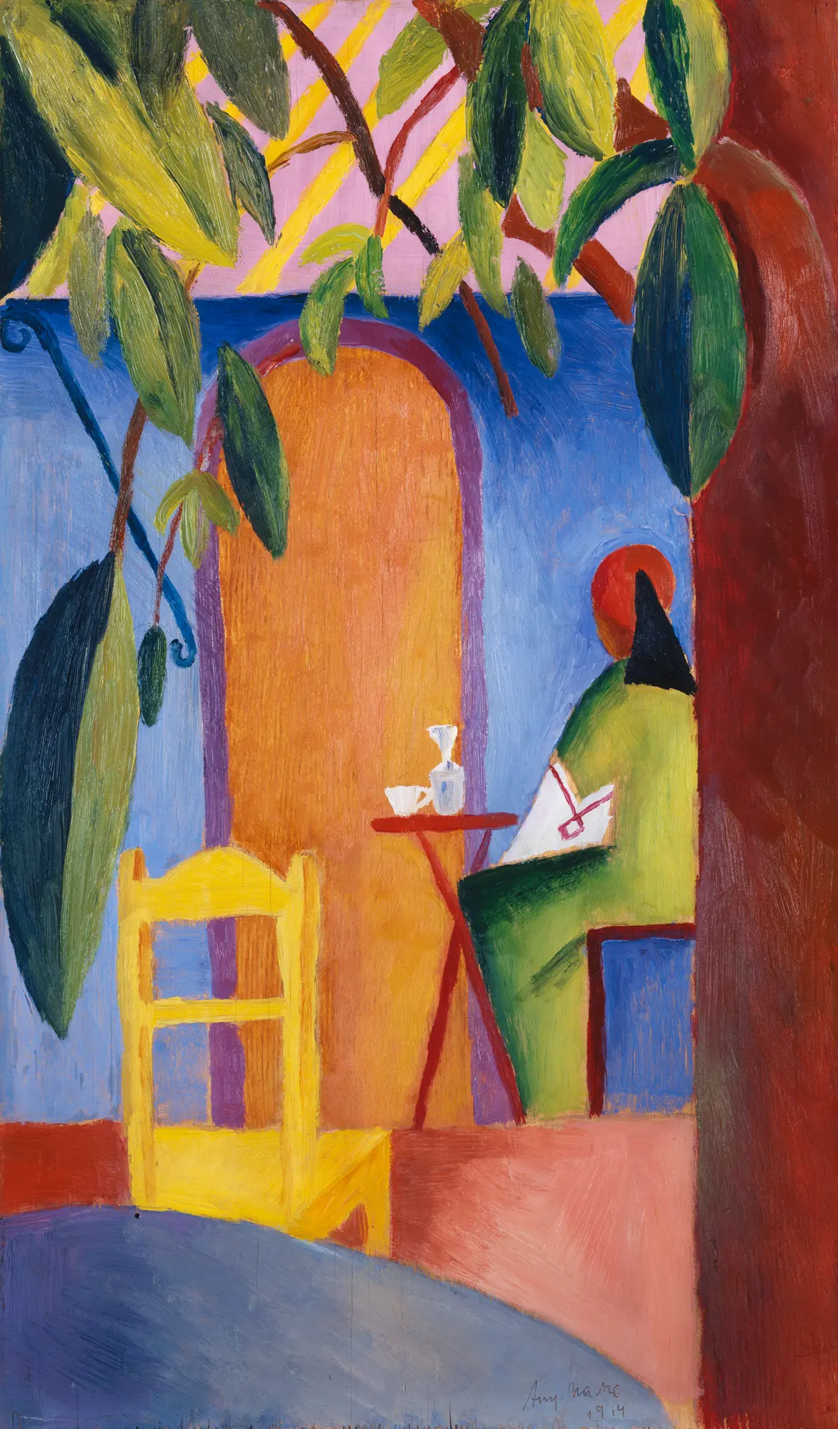 A seated figure, empty yellow chair and small red table sit beneath an arch and green leaves in Macke’s café