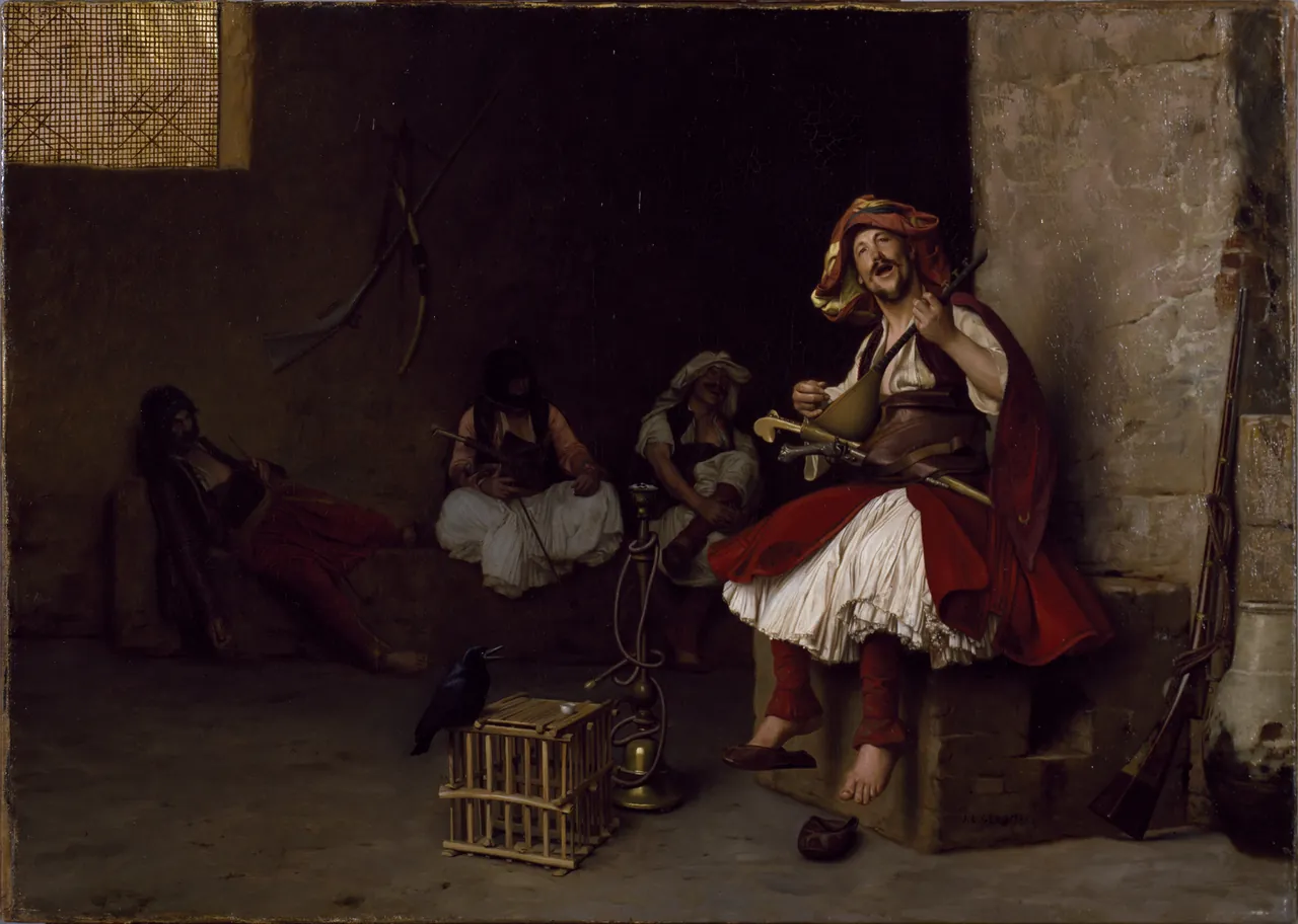 An armed man plays a stringed instrument and sings while three companions sit in a shadowed room.