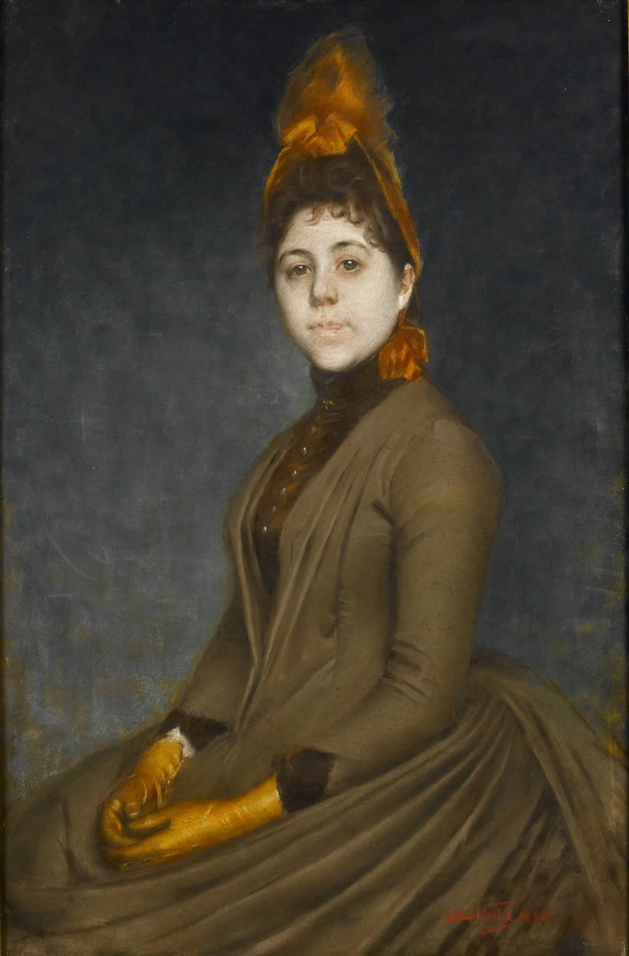 A seated woman in a brown dress and yellow gloves turns towards the viewer, with a tall orange bow in her hair.