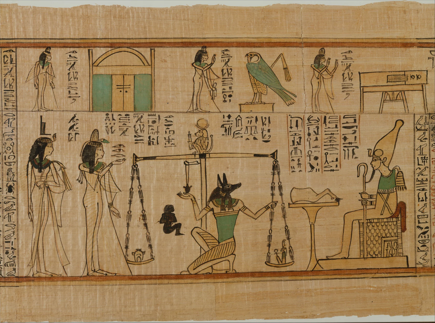 Nauny'yi terazinin yanında, çakal başlı Anubis'i tartıyı ayarlarken, Maat figürünü kefede ve Osiris'i sağda tahtta gösteren boyalı papirüs ayrıntısı.