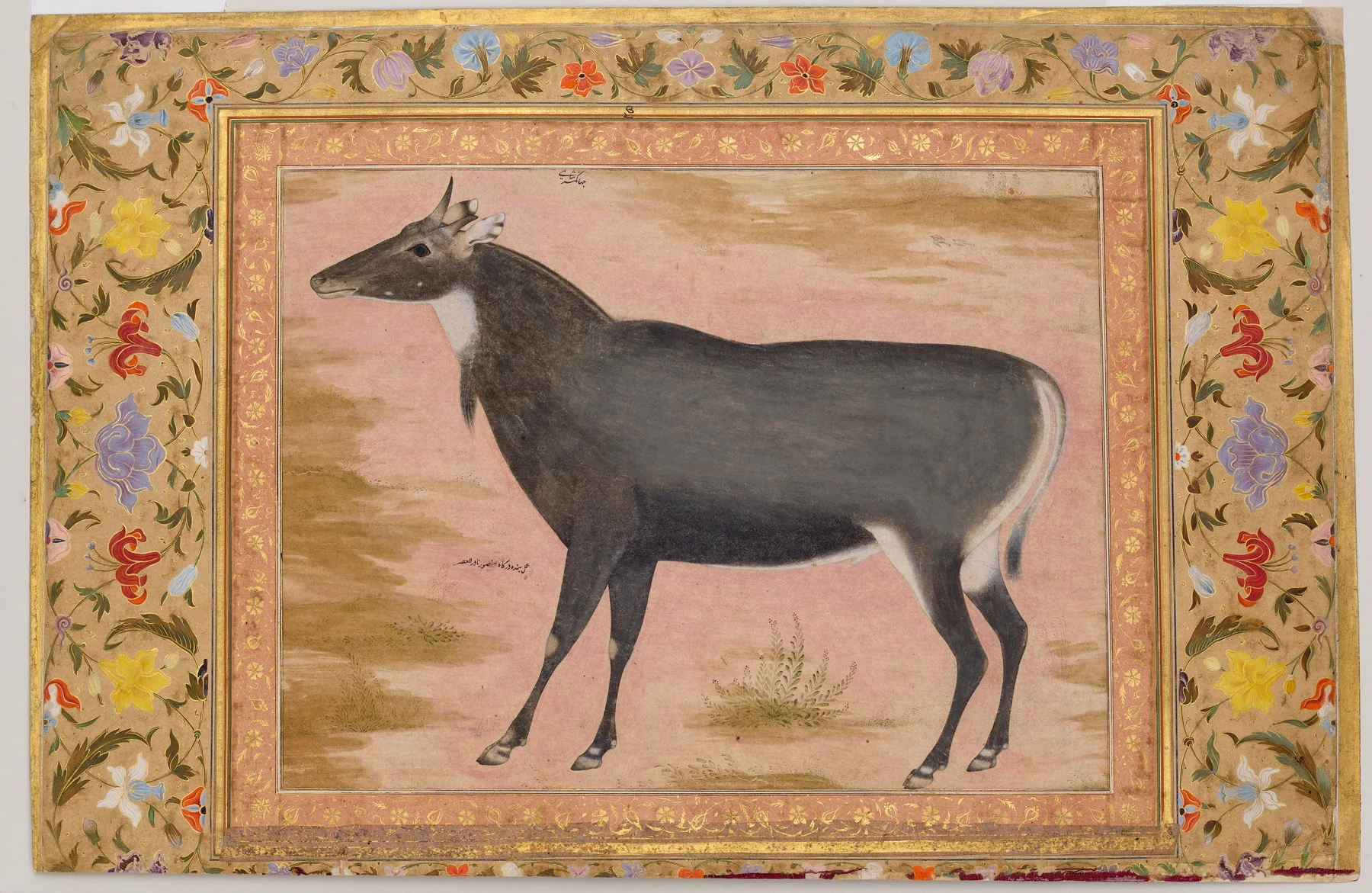 Koyu gri nilgai antilobu soluk pembe zeminde tam profilden duruyor; geniş altın ve çiçek bezemeli albüm bordürleriyle çevrelenmiş.