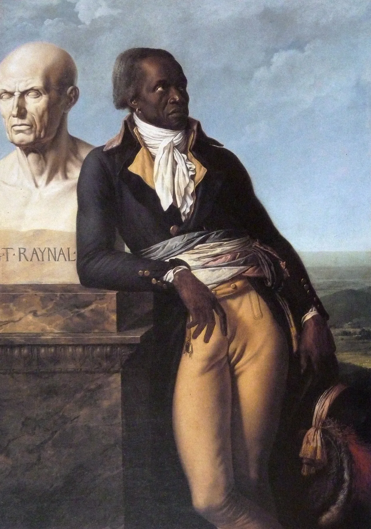 Jean-Baptiste Belley resmî koyu renk giysisi ve açık renk pantolonuyla, bulutlu kıyı peyzajının önünde filozof Guillaume-Thomas Raynal'ın mermer büstünün yanında yaslanarak duruyor.