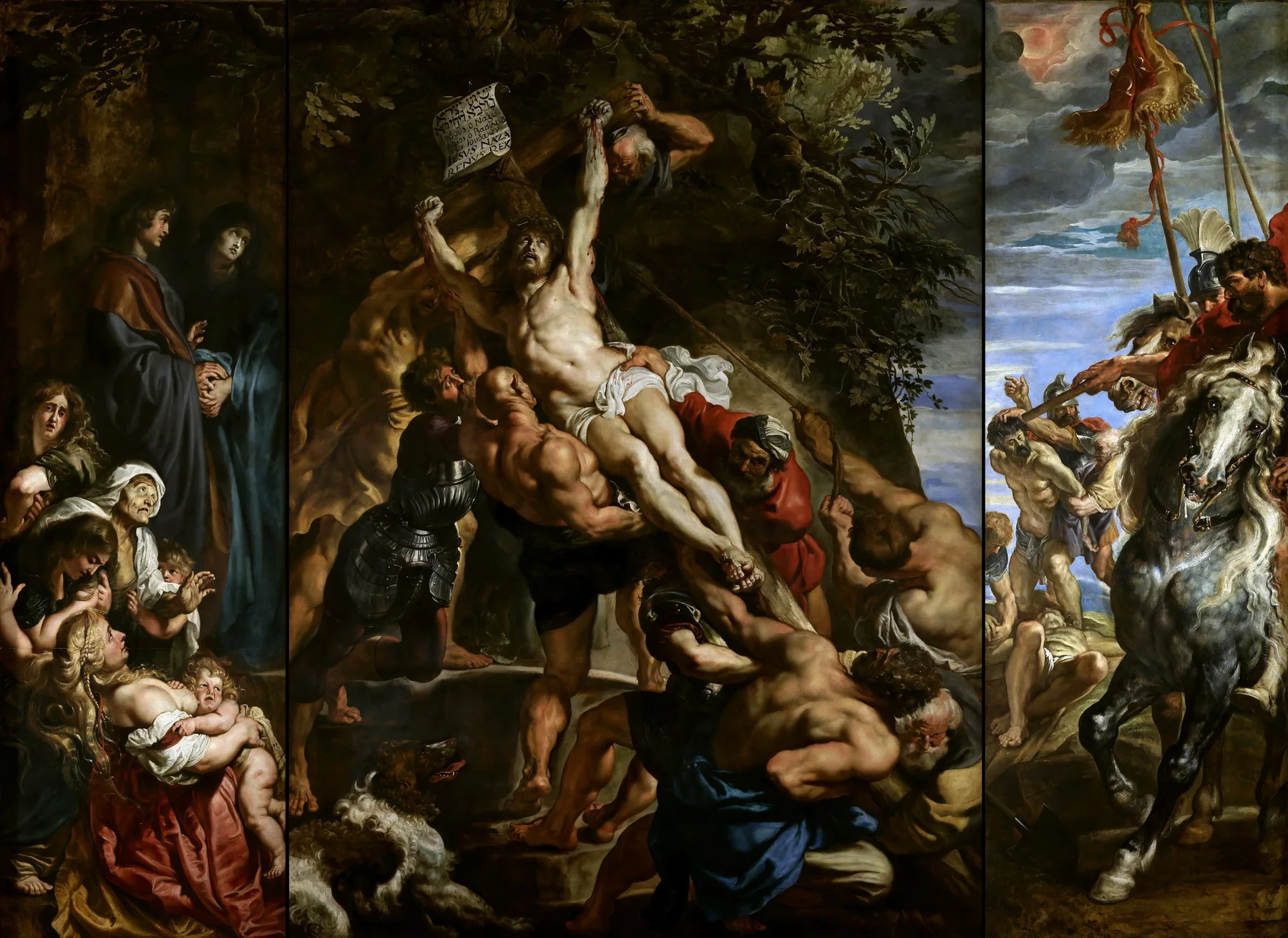 Rubens'in üç panolu Haçın Yükseltilmesi'nde kaslı figürler karanlık merkezde İsa'yı çapraz olarak kaldırıyor; solda yas tutanlar, sağda atlı askerler bulunuyor.