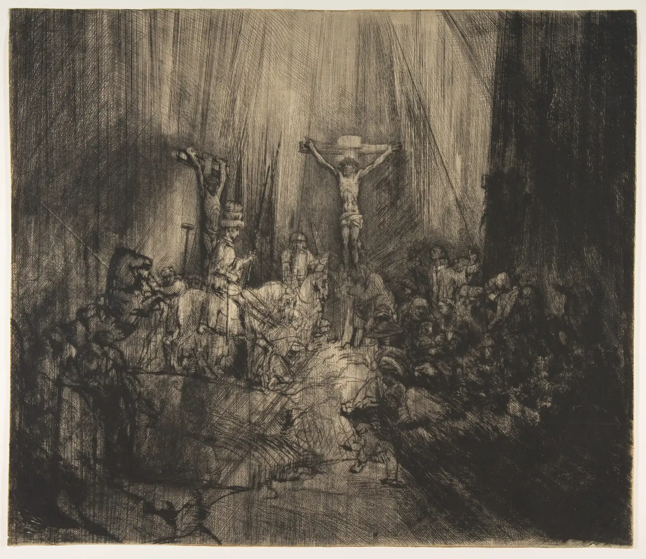 Fourth state of Three Crosses: dense diagonal lines darken the scene and obscure or replace figures below the crosses