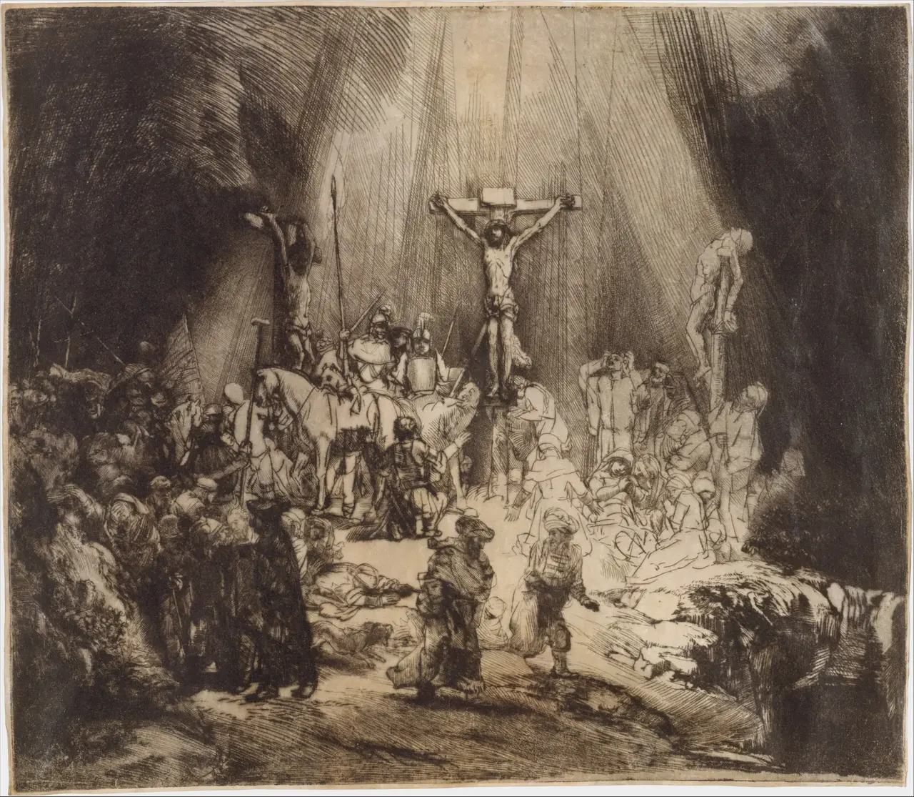Second state of Three Crosses: a wide bright area exposes numerous figures and the ground beneath the central cross