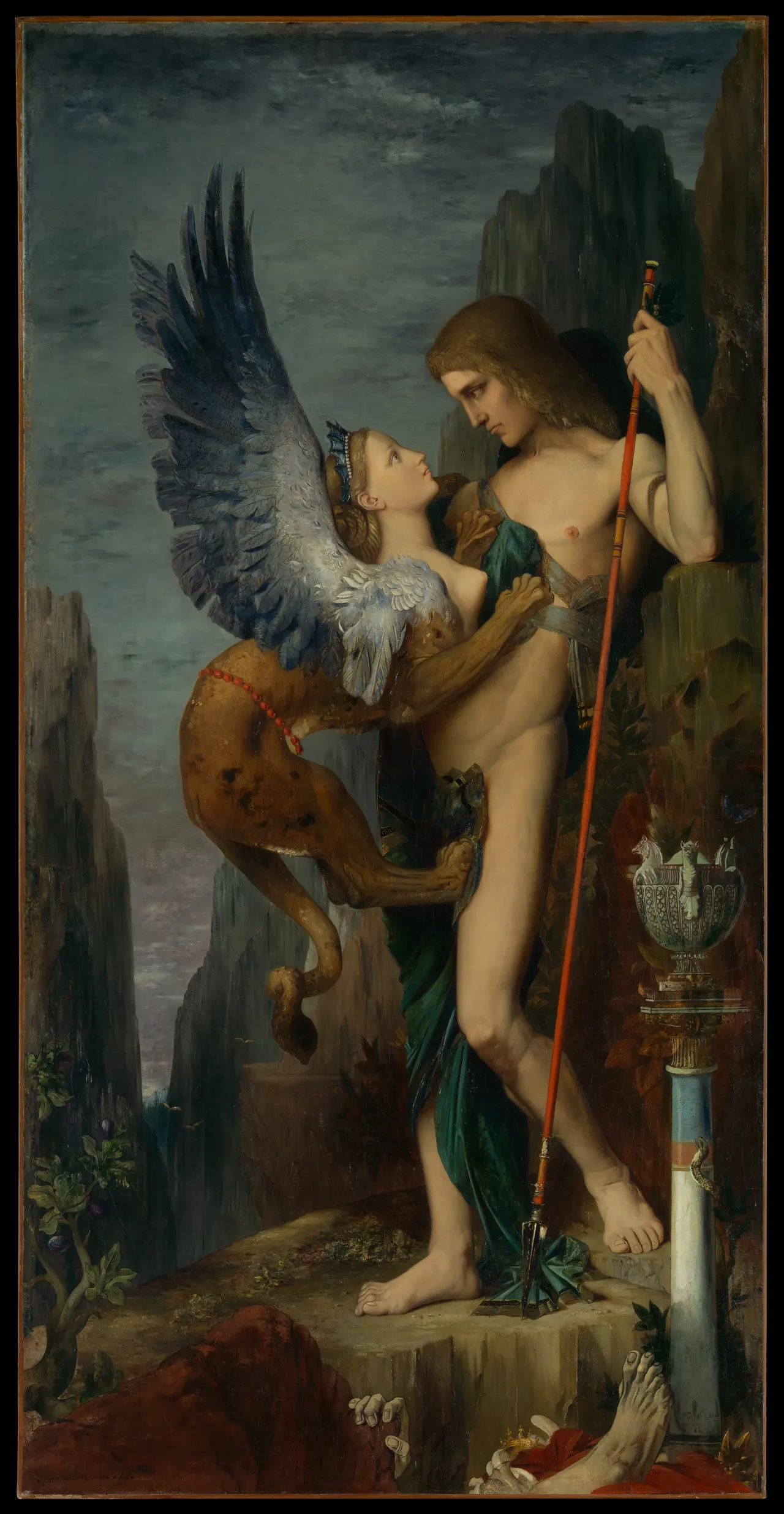 A winged sphinx clings to Oedipus’s chest as the two stare at one another above the remains of previous victims