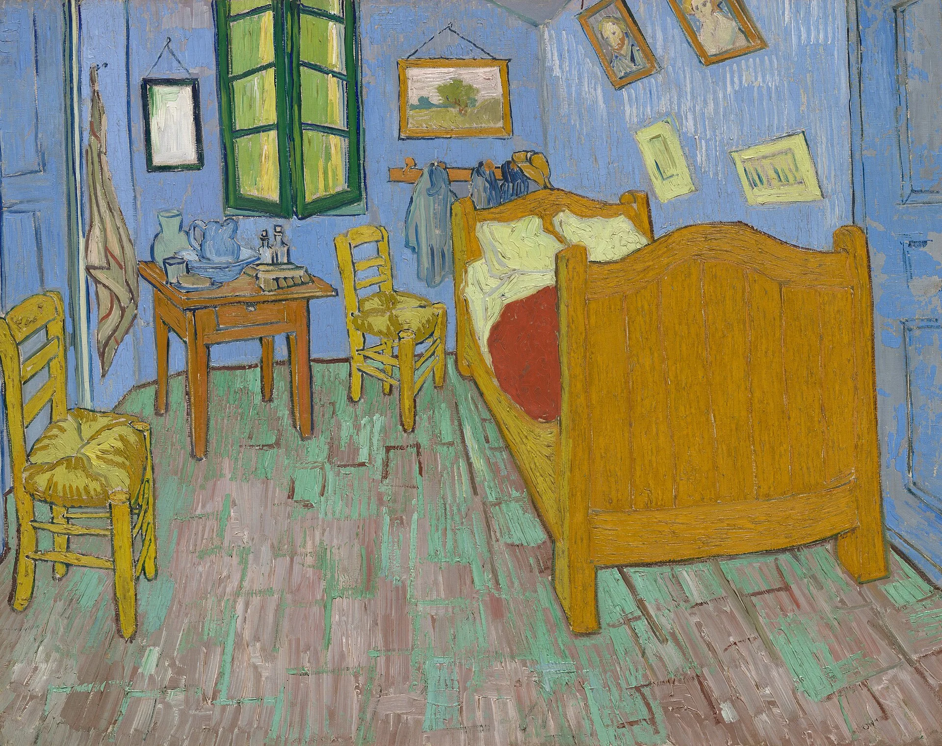 Vincent van Gogh’un 1889 tarihli Yatak Odası tablosu; keskin açılı mavi odada sarı yatak ve sandalyeler görülüyor.
