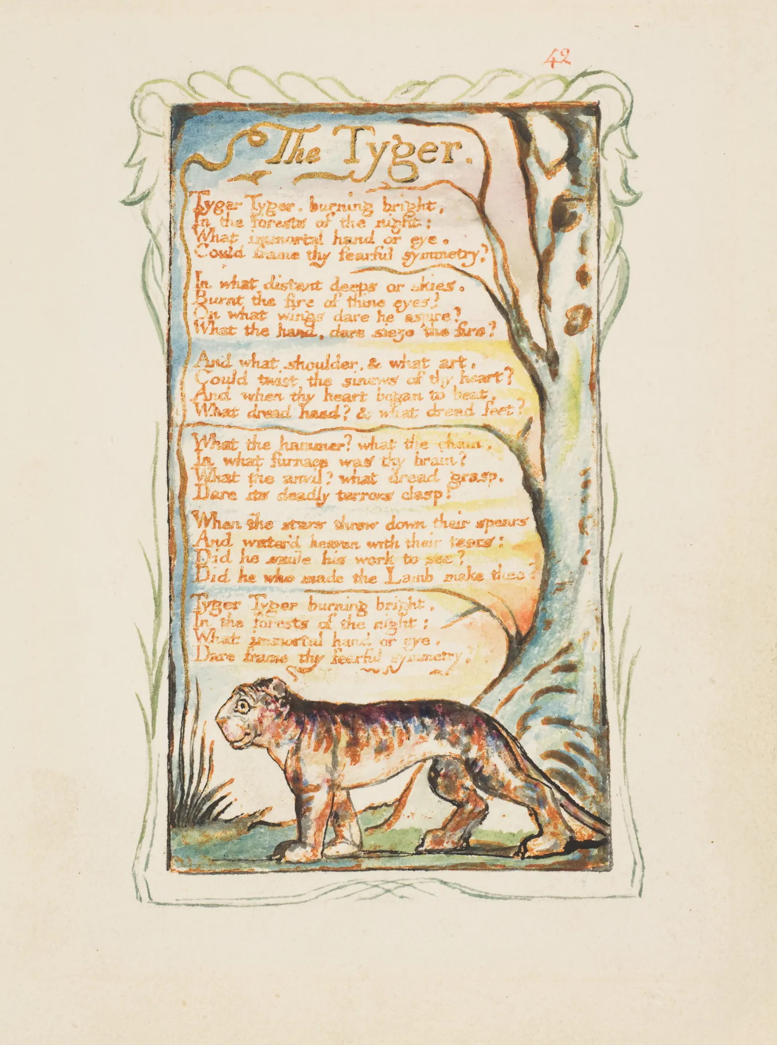 Blake’s illuminated Tyger page with orange-brown text, coloured foliage, and a tiger beneath the poem