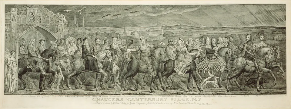 Chaucer and the Canterbury pilgrims moving in a long procession across Blake’s panoramic engraving