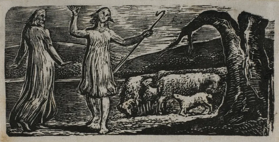 Colinet departing beside a split tree trunk in a compressed Blake wood engraving
