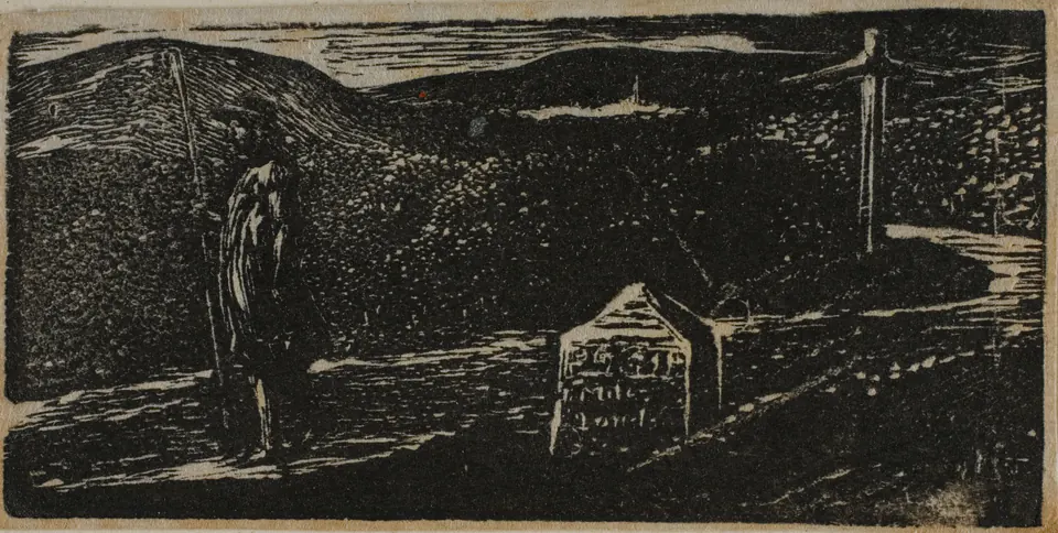 Colinet walking beside a milestone marked sixty-two miles to London in Blake’s wood engraving