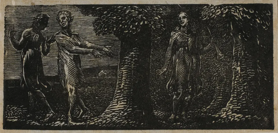 Two boys mocking the seated shepherd Colinet in a small, forceful Blake wood engraving