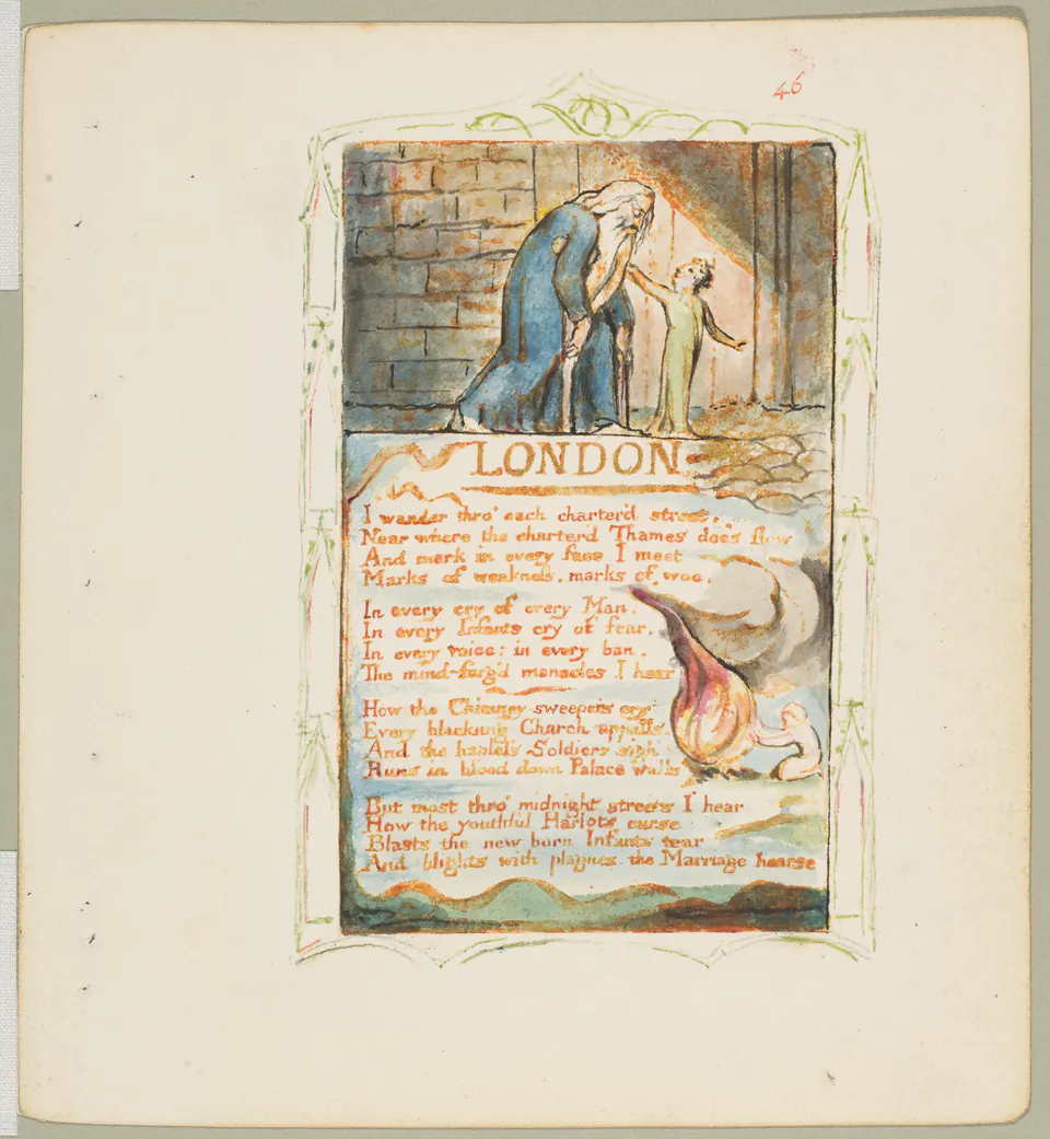 Blake’s illuminated London page with orange-brown text, a hunched figure, and coloured flames