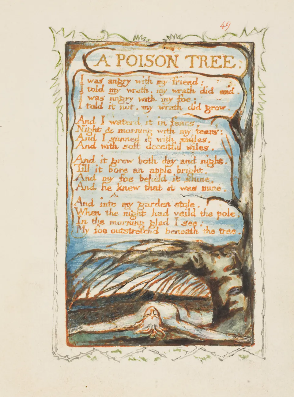 Blake’s illuminated Poison Tree page with the poem framed by a coloured tree and reclining figure