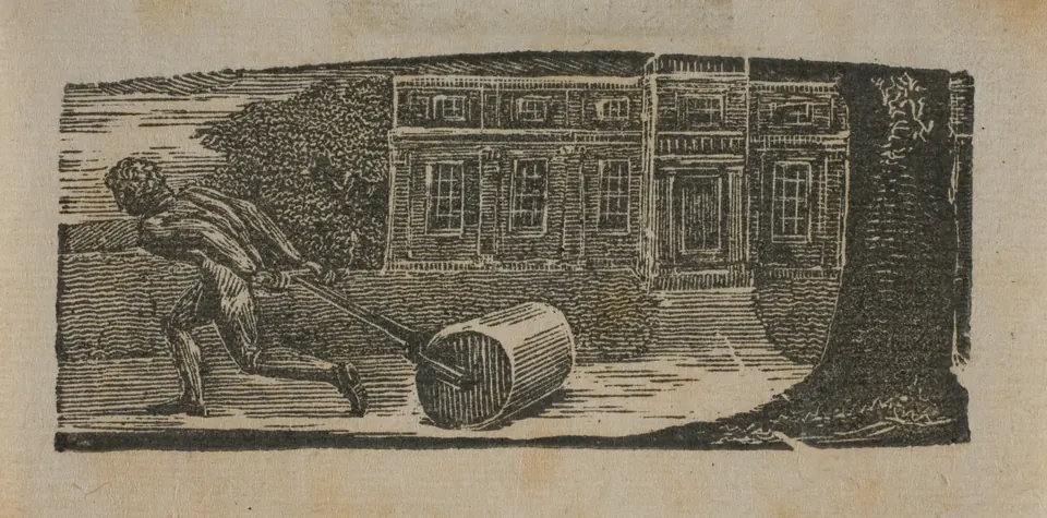 A traveller pushing through a windswept landscape in Blake’s Rolling Stone wood engraving