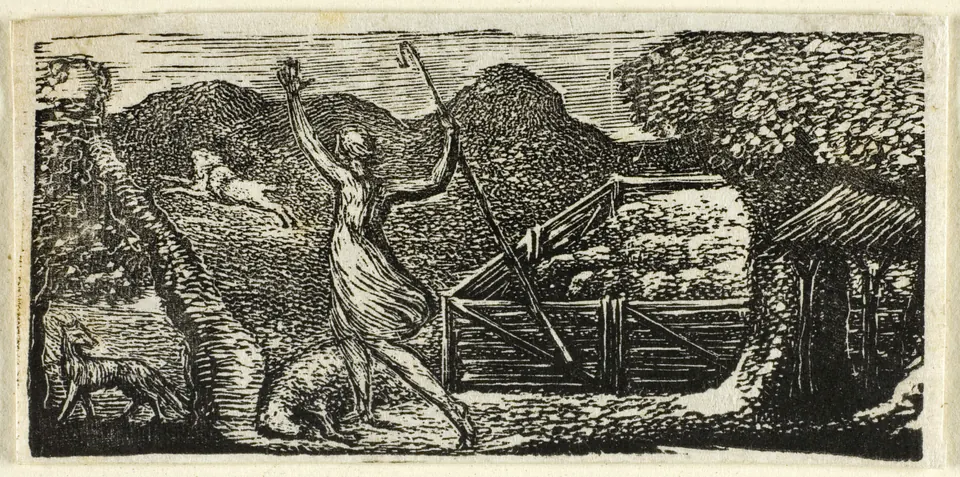 A shepherd raising his staff as a wolf runs from the flock in Blake’s Virgil wood engraving