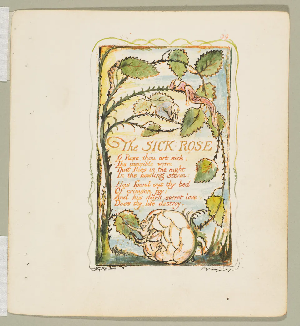 Blake’s illuminated Sick Rose page with orange-brown text and figures among coloured flowers