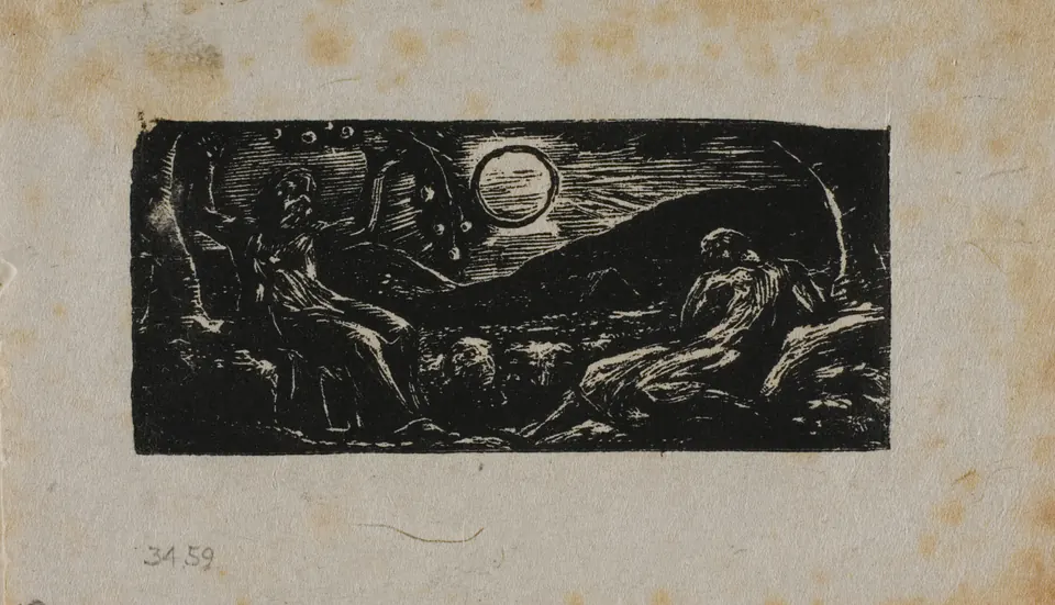 The shepherd Thenot seated beneath a dense fruit tree in Blake’s Virgil wood engraving