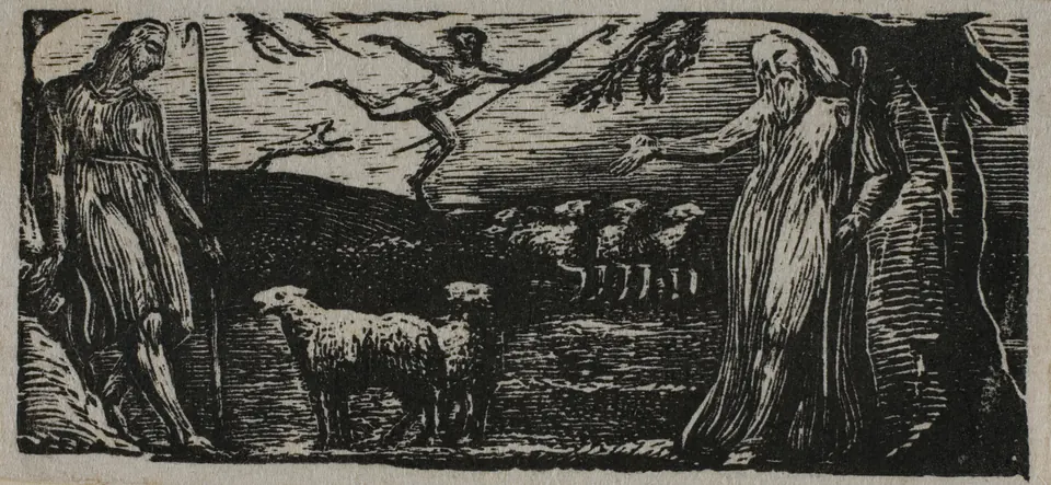 Thenot gesturing toward Colinet while a dog waits in the background in Blake’s wood engraving