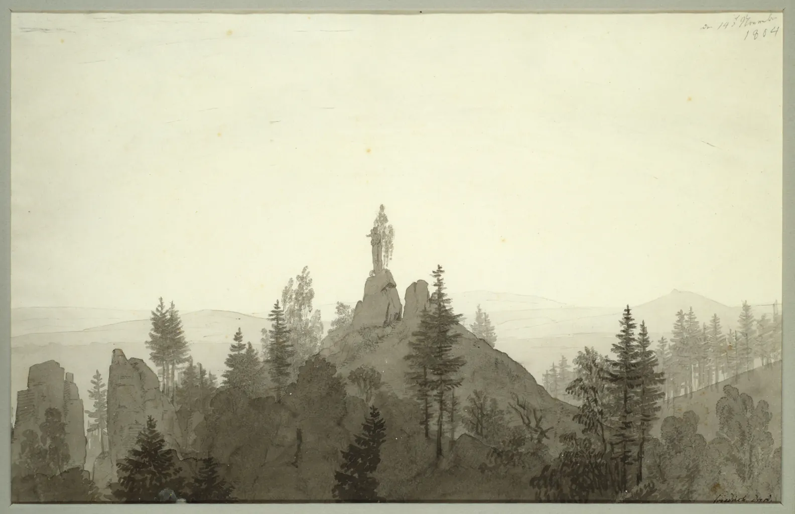 A vast pale mountain landscape with a tiny pilgrim and statue on the central summit, drawn by Caspar David Friedrich