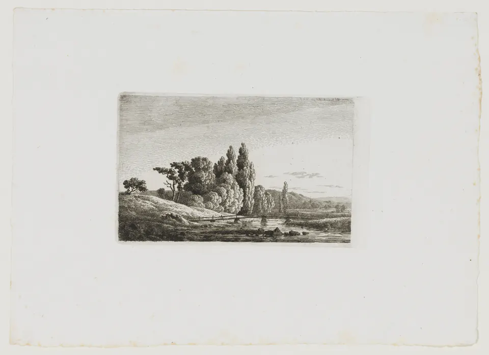 A winding footpath crossing a small bridge beneath trees in an etching by Caspar David Friedrich