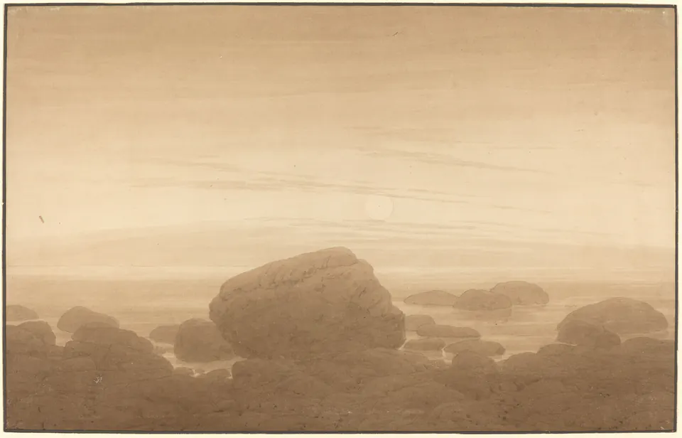 A pale full moon rising over placid water and a rocky empty shore in a drawing by Caspar David Friedrich