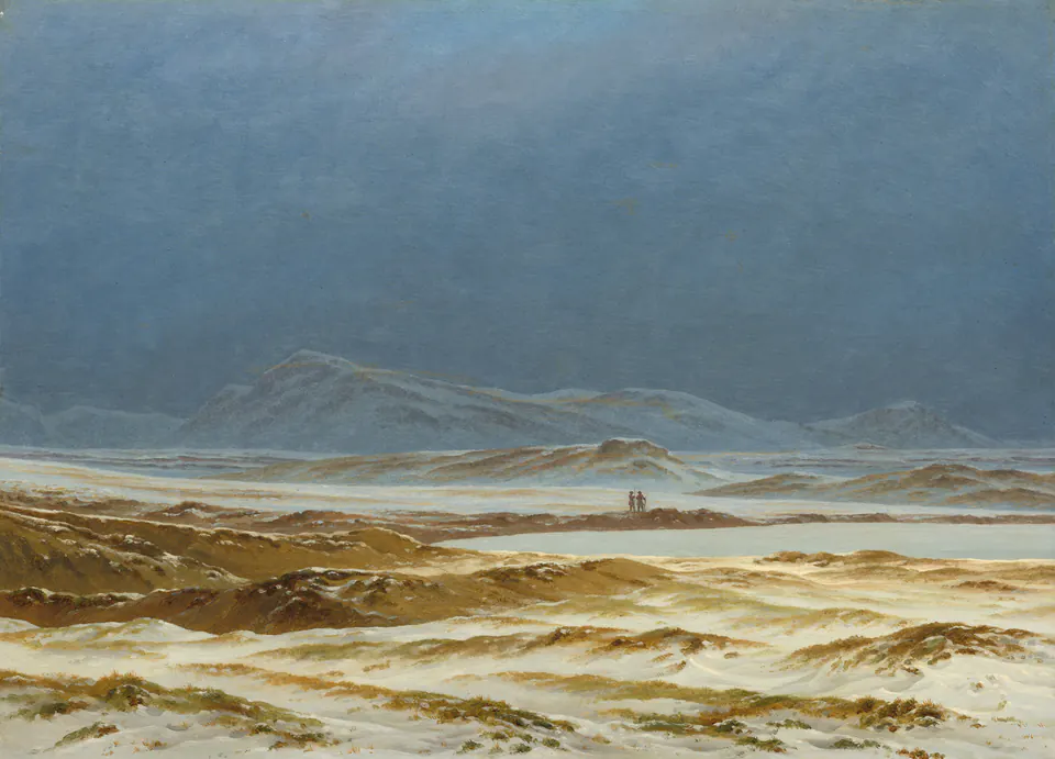 Two tiny figures crossing a broad cold landscape beneath distant blue mountains