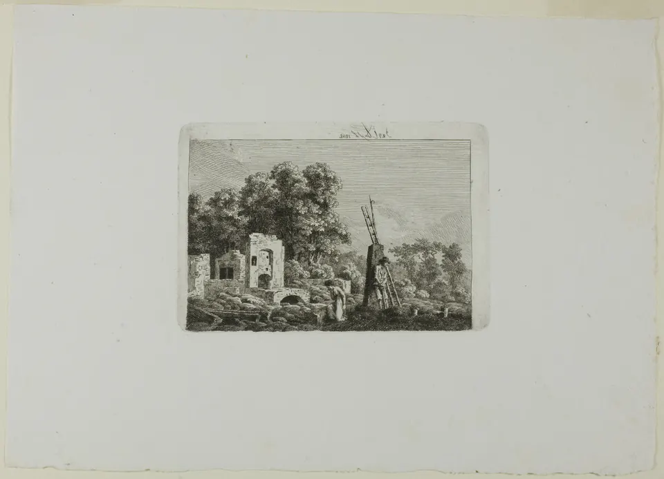 Figures gathered near smoke and flames in a small landscape etching by Caspar David Friedrich