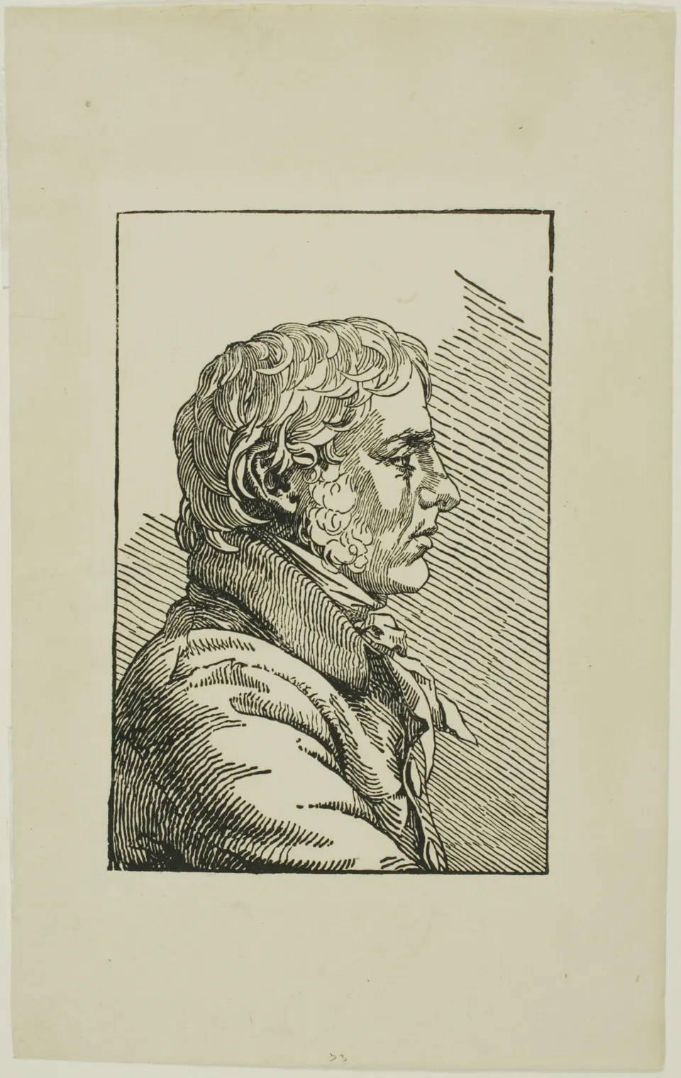 A profile self-portrait of Caspar David Friedrich rendered as a black-and-white woodcut