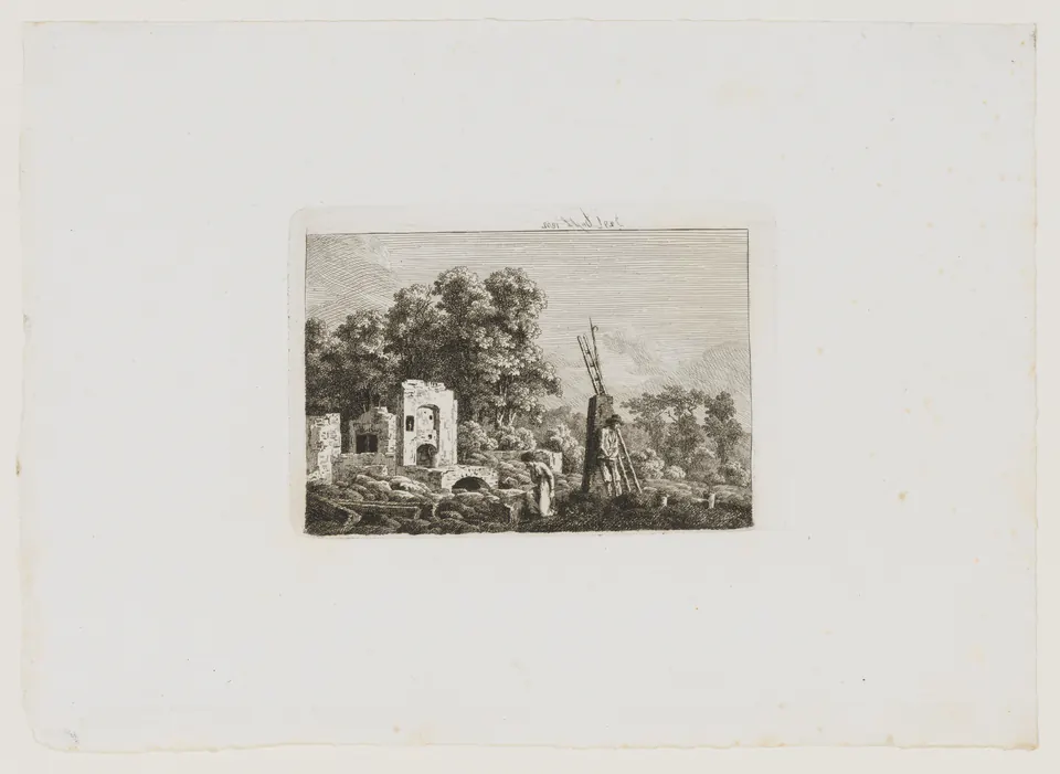 A second-state etching of figures observing a fire in a dark landscape by Caspar David Friedrich