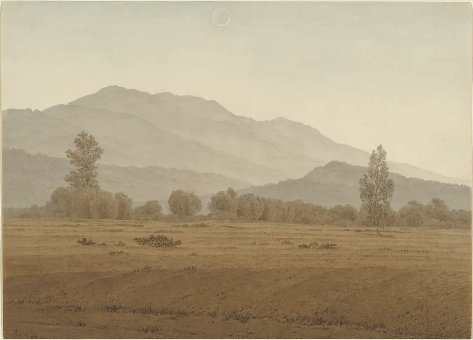A darkened sun above layered mountain ridges and a quiet field in a watercolour by Caspar David Friedrich