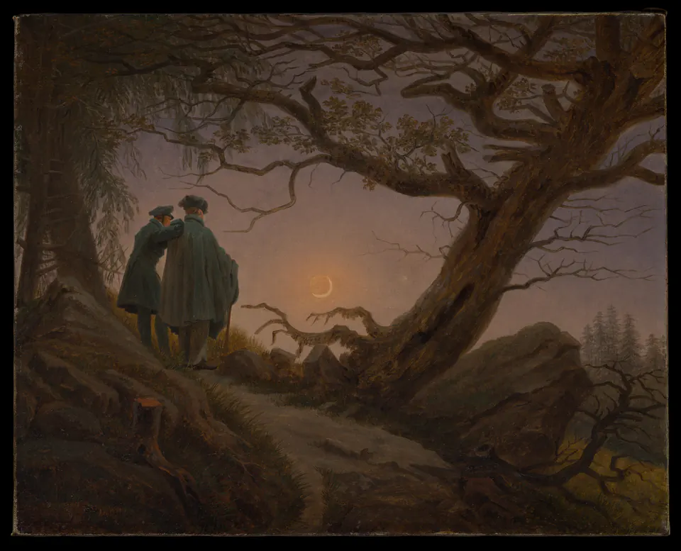 Two men pausing on a rocky forest path to contemplate the crescent moon in a painting by Caspar David Friedrich