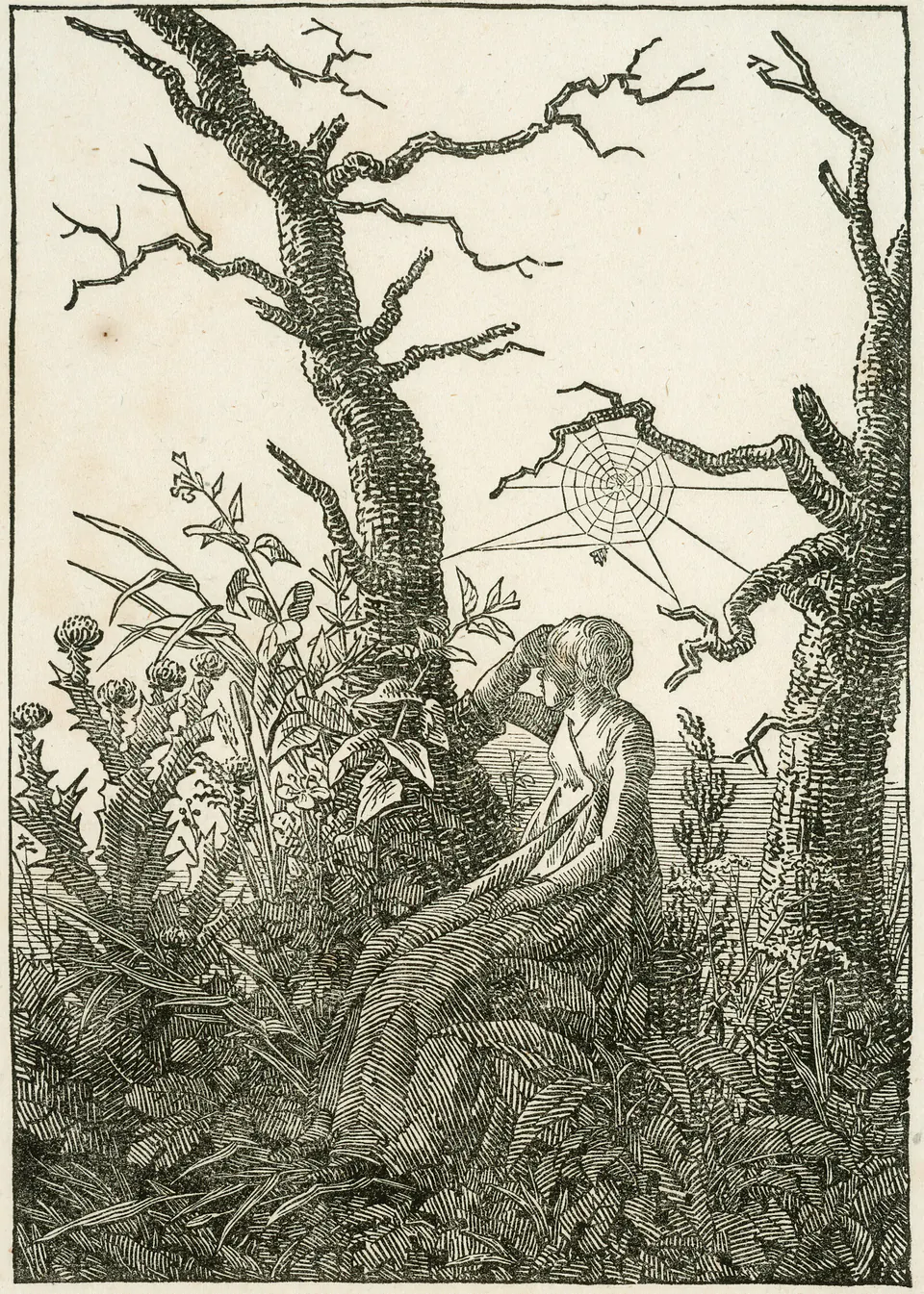 A woman seated between bare trees beneath a spider web in a woodcut designed by Caspar David Friedrich