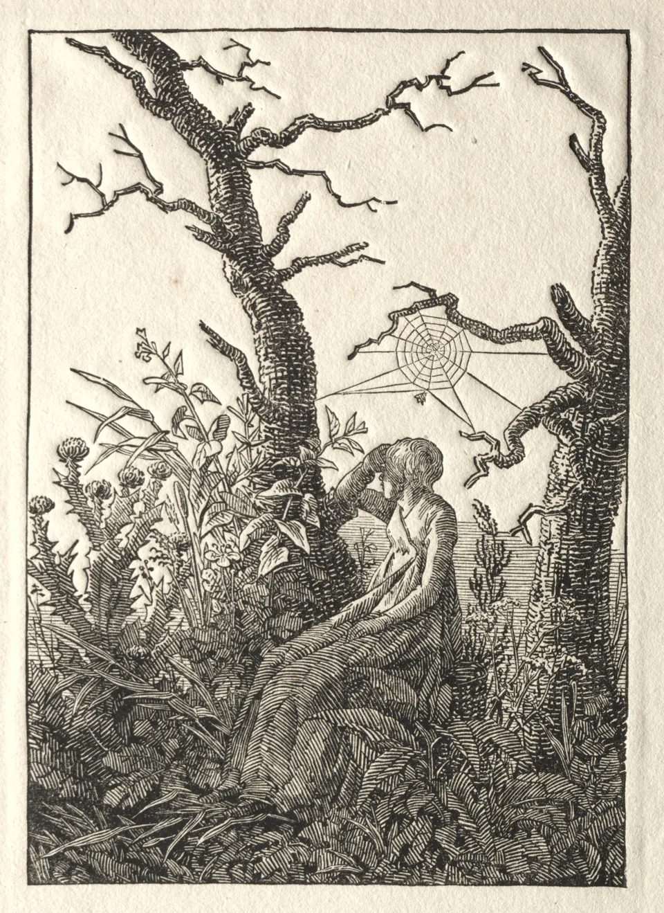 A woman sitting among thistles and bare trees below a spider web in a woodcut by Caspar David Friedrich