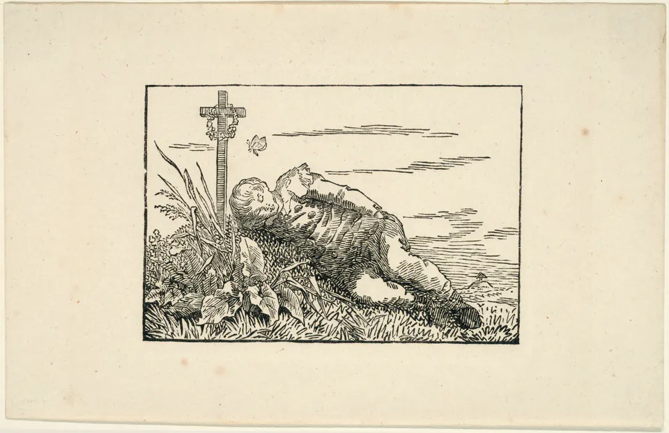 A young man stretched across a grave beneath bare trees in a woodcut by Caspar David Friedrich