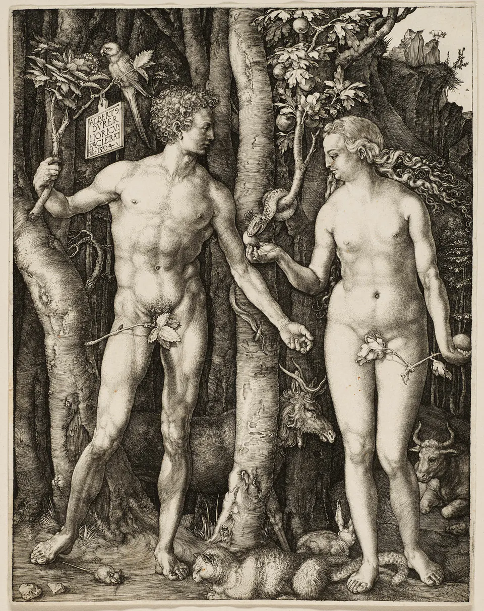 Adam and Eve standing symmetrically among animals and dense forest in Dürer’s 1504 engraving