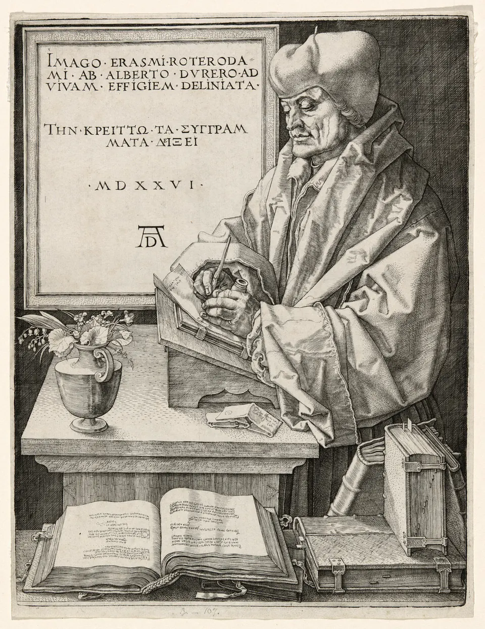 Erasmus writing at a desk beside books and inscriptions in Dürer’s engraved portrait